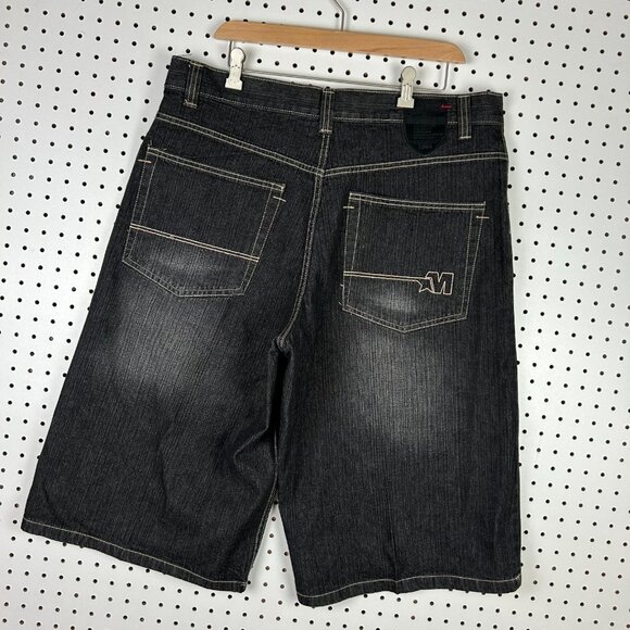 Mecca Gothic Black Jean Shorts 38 Skater Wide Leg Baggy Patch SOUTHPOLE STYLE - Picture 2 of 7